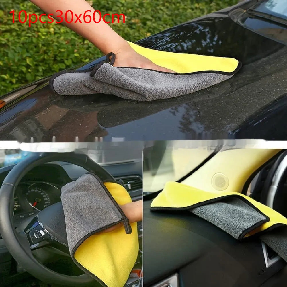 Five yellow coral fleece car cleaning cloths, each 30x60cm, thickened and absorbent for car washing and drying.