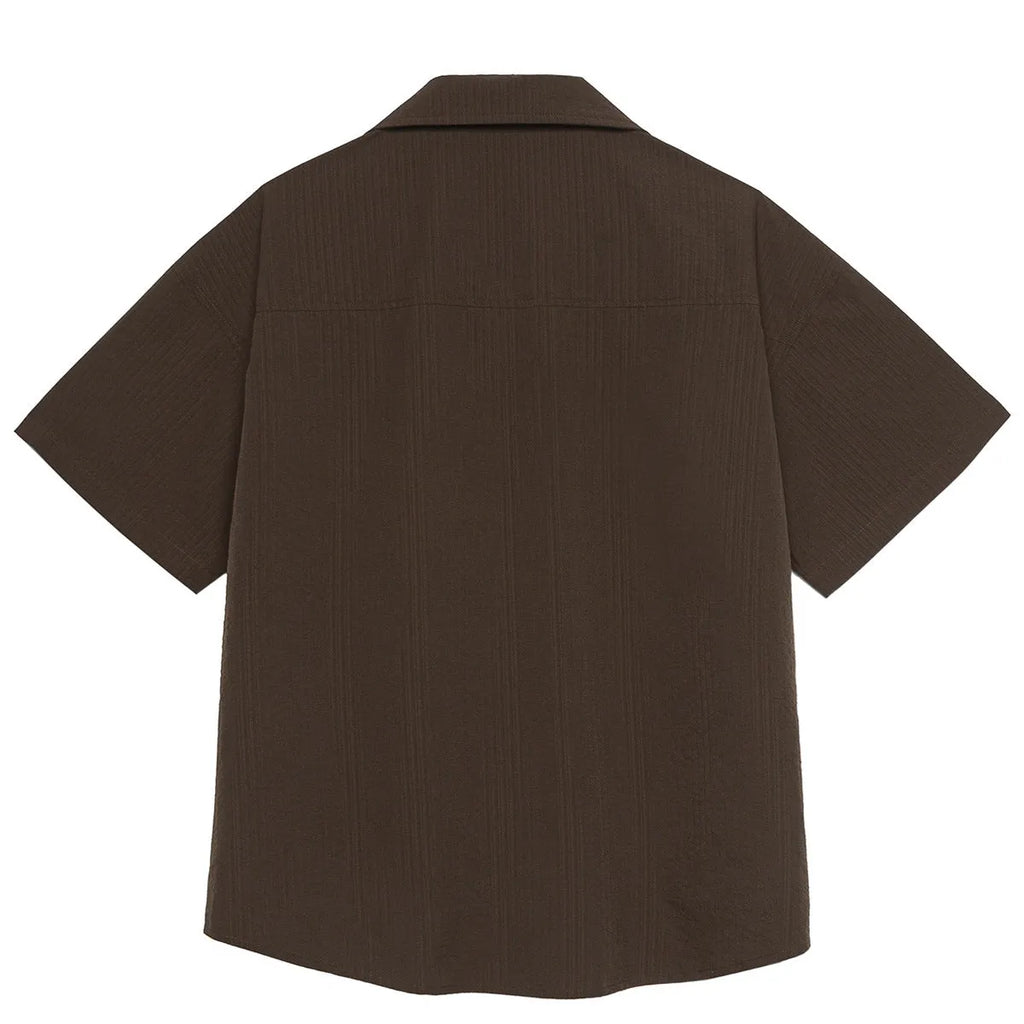Brown coffee-coloured striped Cuban collar shirt with waterproof polyester fabric for outdoor camping