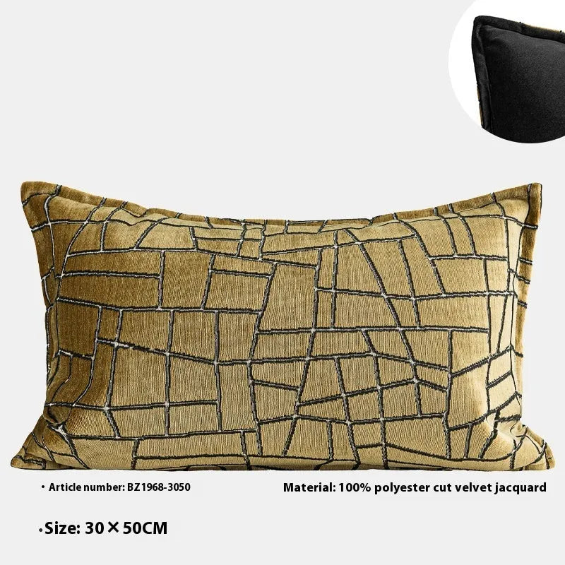 Tuhao gold geometric abstract pillow in 50x50cm size with feather velvet texture on a sofa