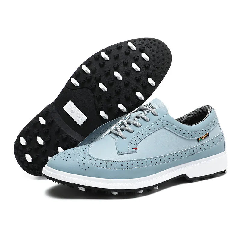 Men's genuine leather golf shoes with non-slip rubber outsole in Lake Blue and White colour options.