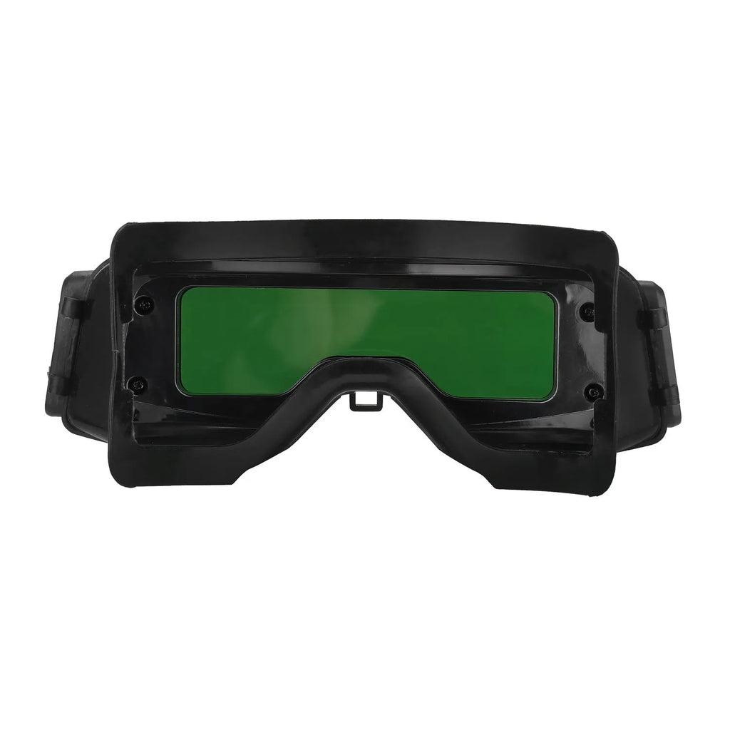 Black automatic welding mask with 122.5x35mm viewing area showing automatic darkening lens and adjustable headgear