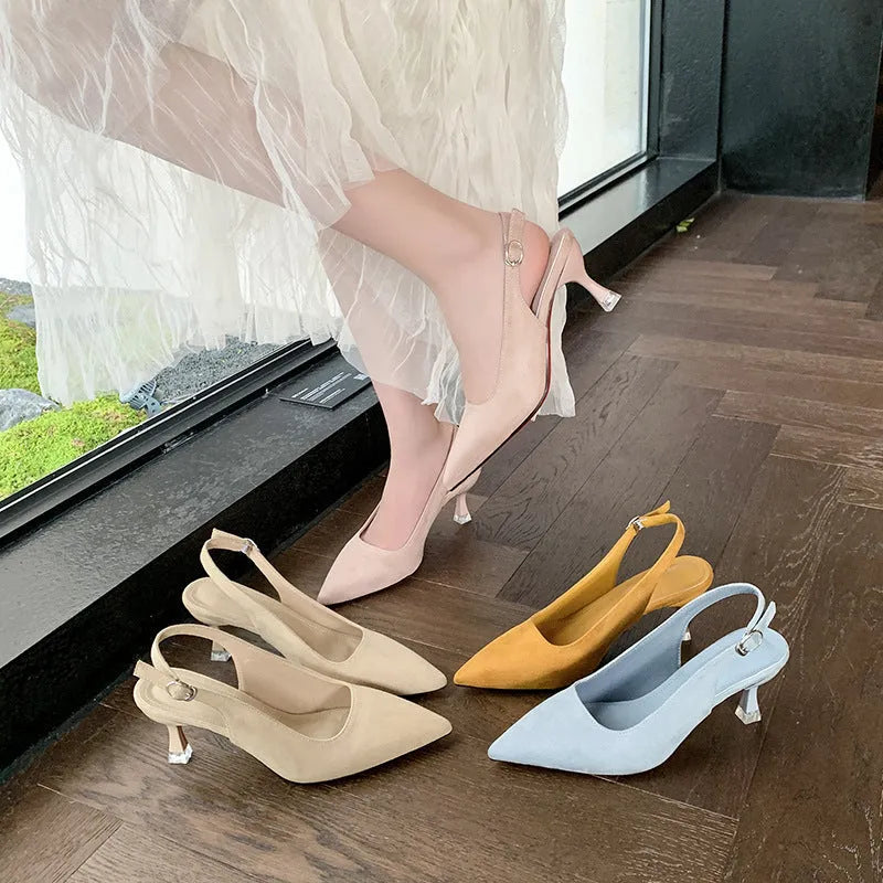 Women's pointed toe stiletto heels in suede with microfiber lining, available in four spring colours