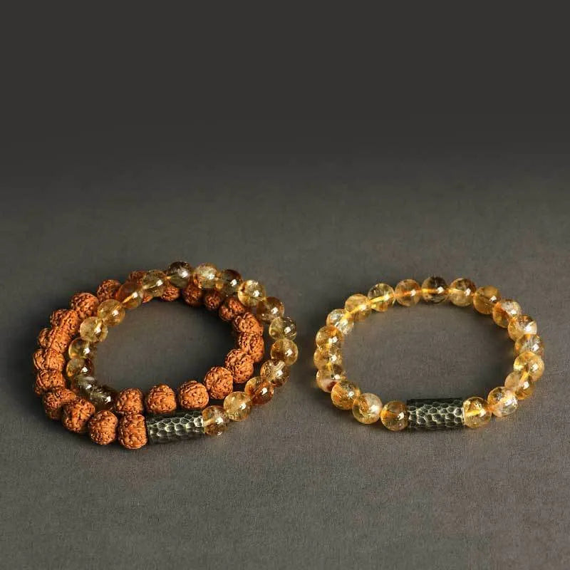 Handcrafted yellow tower crystal double ring bracelet with Barbie tan stones and retro styling