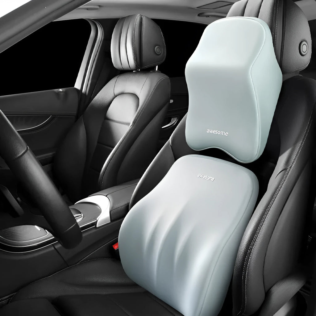 Memory foam car seat lumbar support pillow and headrest cushion with geometric pattern