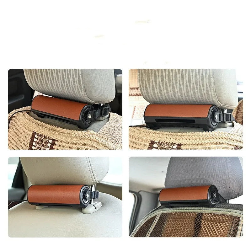 Black bladeless car fan mounted in vehicle with USB power connection and control buttons visible