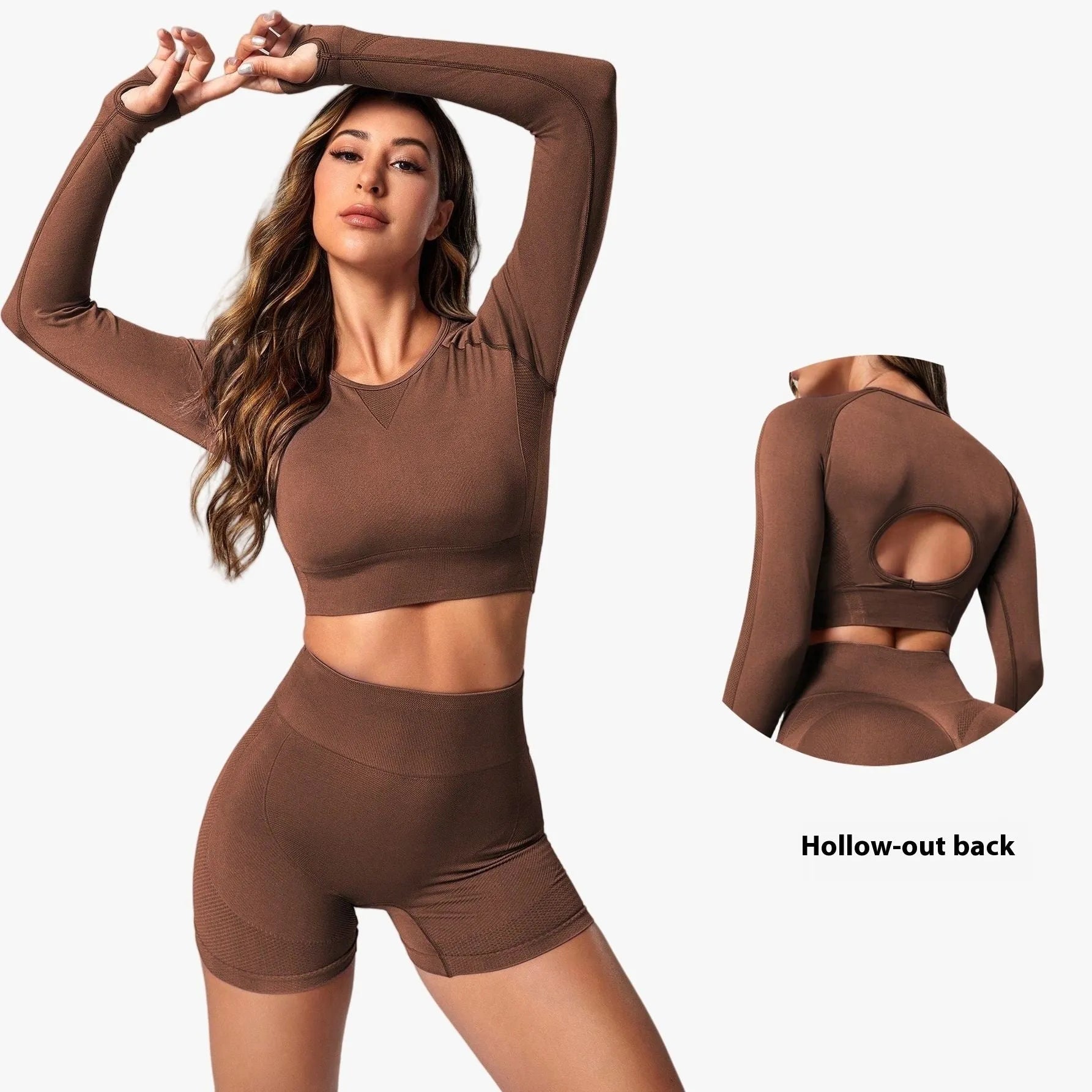 Women's high-waisted yoga suit in nylon-spandex blend available in black, brown and purple colours
