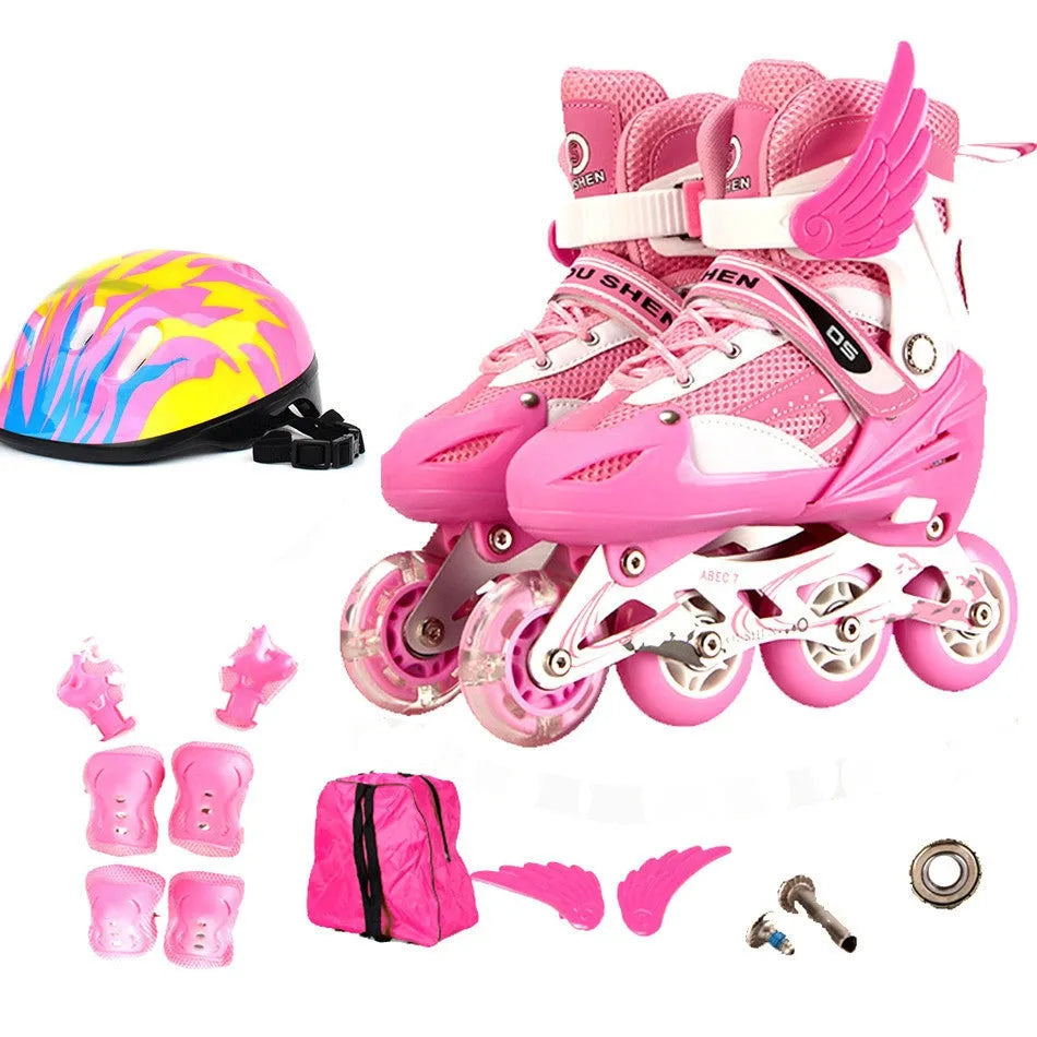 Adjustable children's roller skates with aluminium frame in yellow, red, blue, black, or pink with protective gear