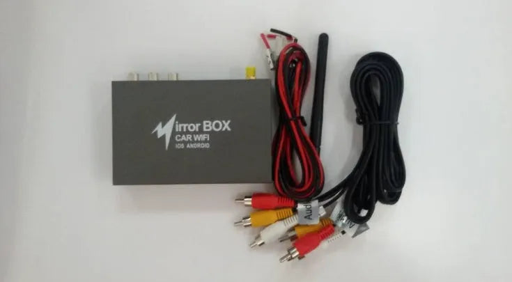 Black car mirror link box with Wi-Fi A/V converter, antenna, power cable, and AV cable for smartphone car integration