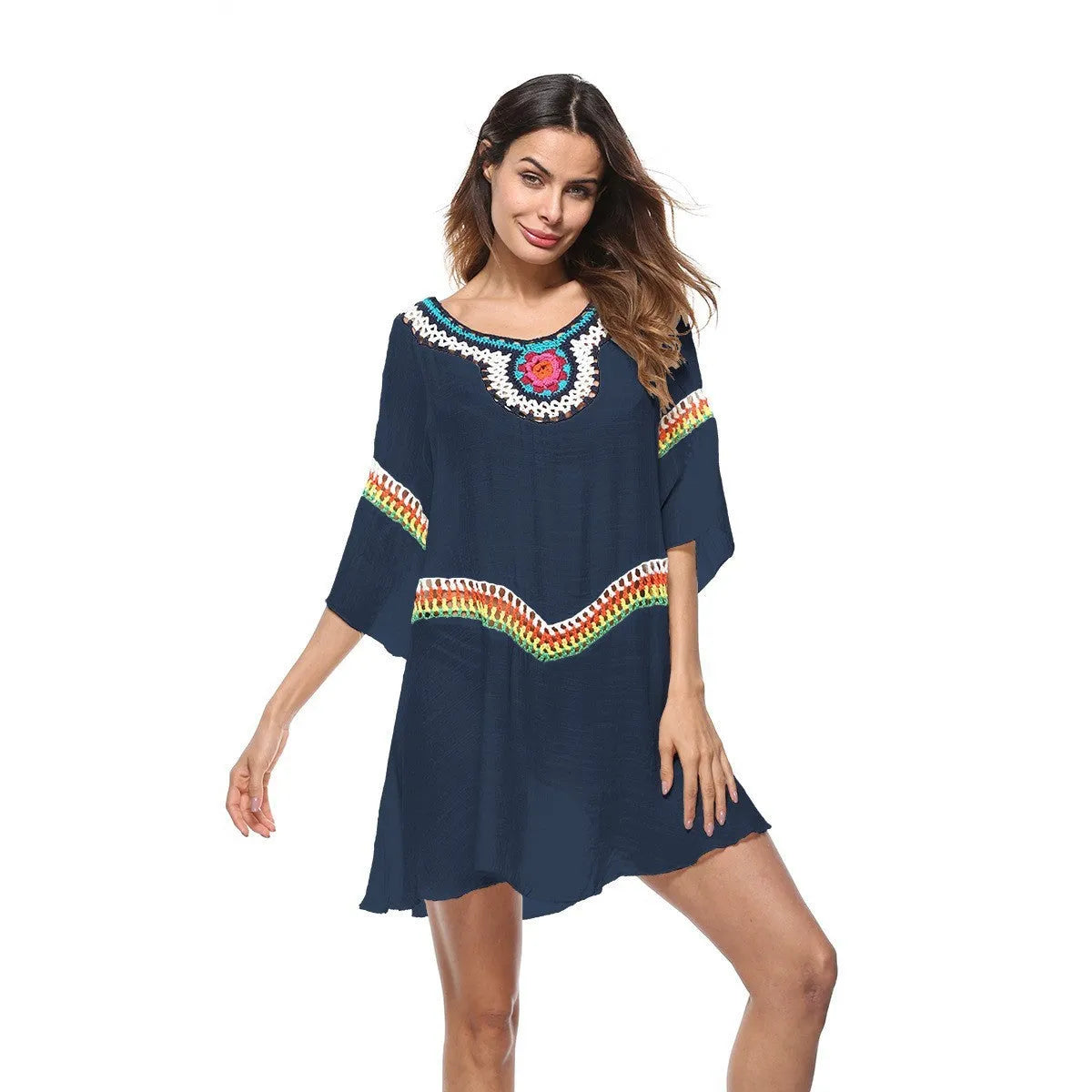Crocheted ethnic style sun protection clothing for women in apricot colour, made from acrylic fabric for beach use