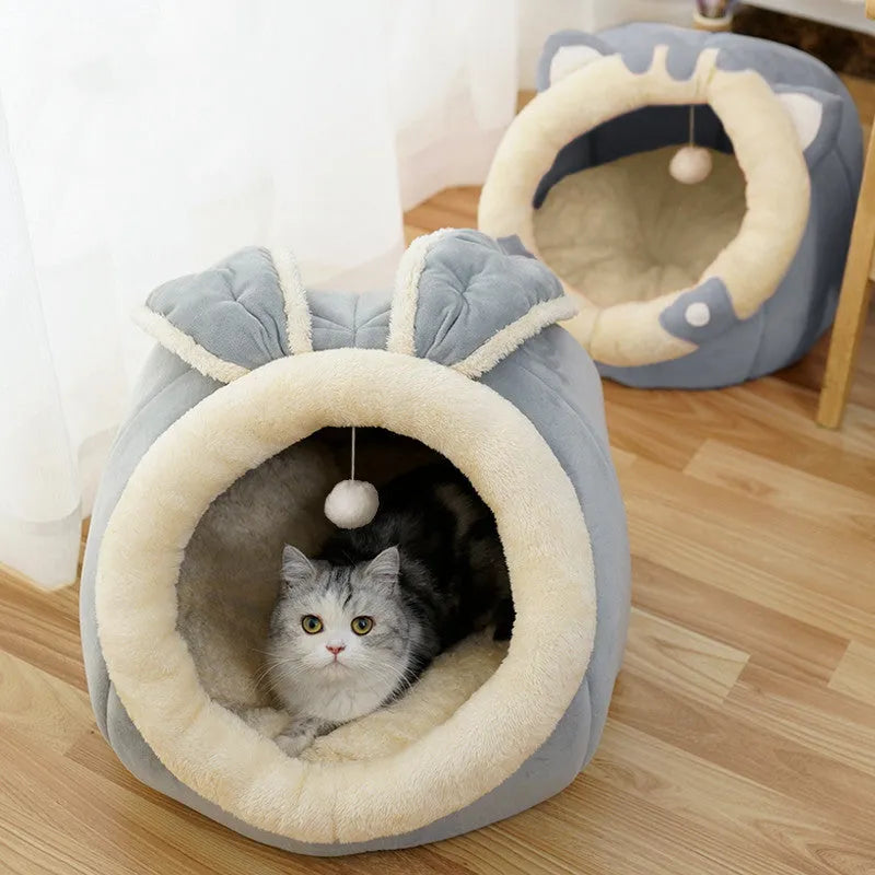 Grey enclosed cat house bed in Ox horn or Rabbit Nest shape, M L XL sizes for 3-25 kg pets