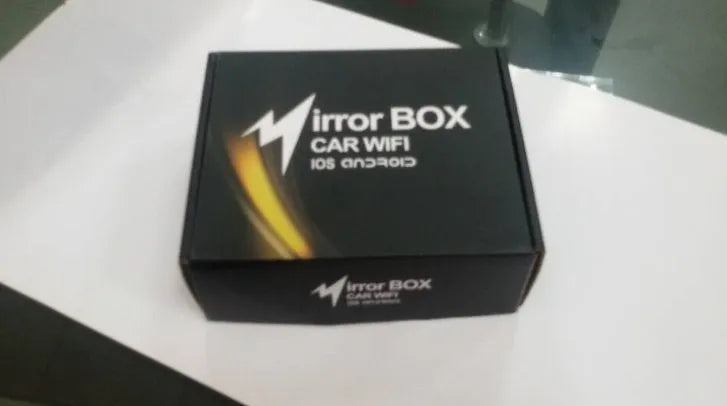 Black car mirror link box with Wi-Fi A/V converter, antenna, power cable, and AV cable for smartphone car integration