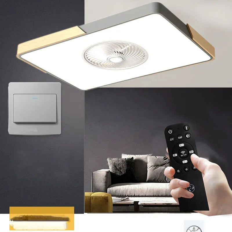 Nordic style ceiling fan with integrated light fixture in a solid wood housing, shown in rectangular, round, and square size options.