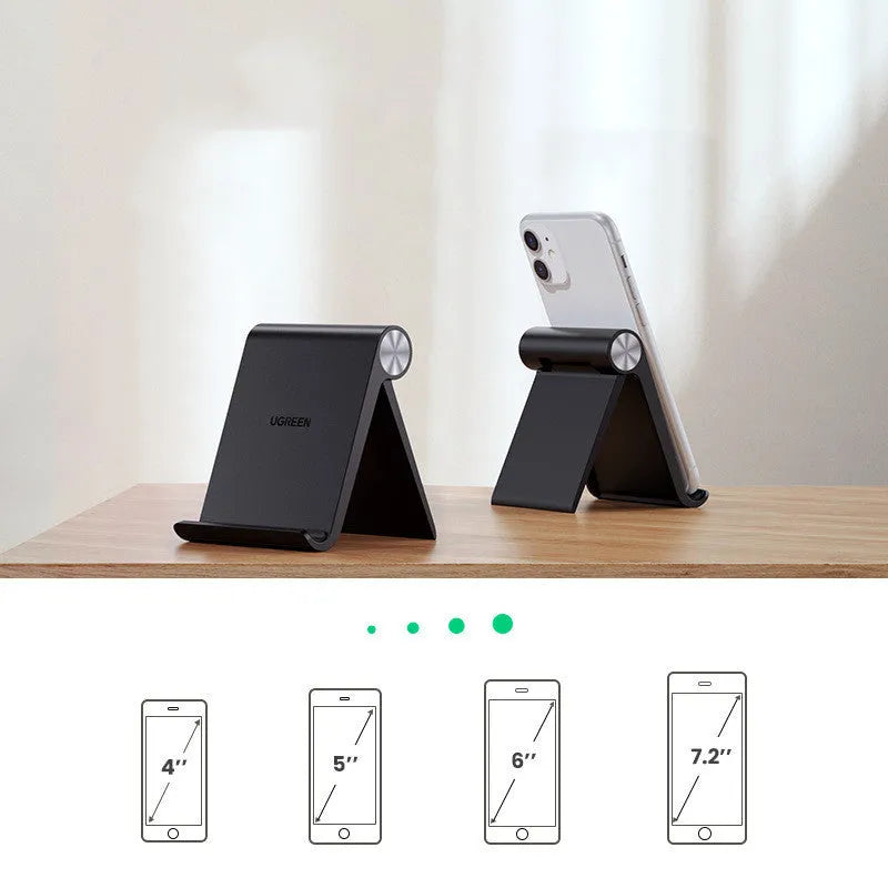 UGREEN LP106 portable phone holder in black, blue, or white, holding a smartphone at an adjustable angle.