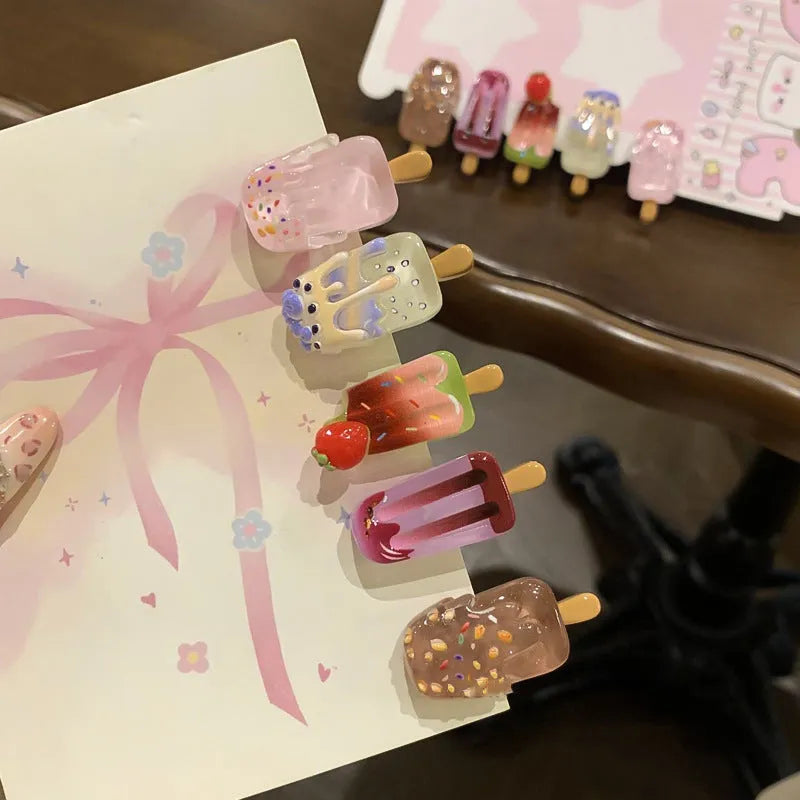 Cartoon ice cream design resin barrette hair clip in pink colour for women