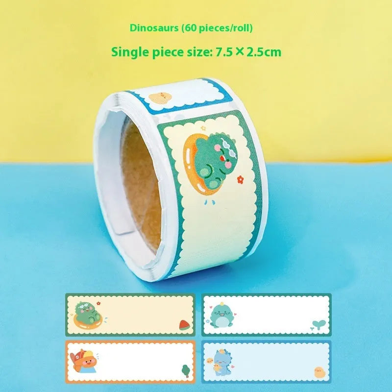 Roll of student cartoon name tape stickers with dinosaur, astronaut, rabbit, and girl designs for labelling school items