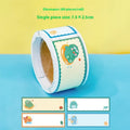 Roll of student cartoon name tape stickers with dinosaur, astronaut, rabbit, and girl designs for labelling school items