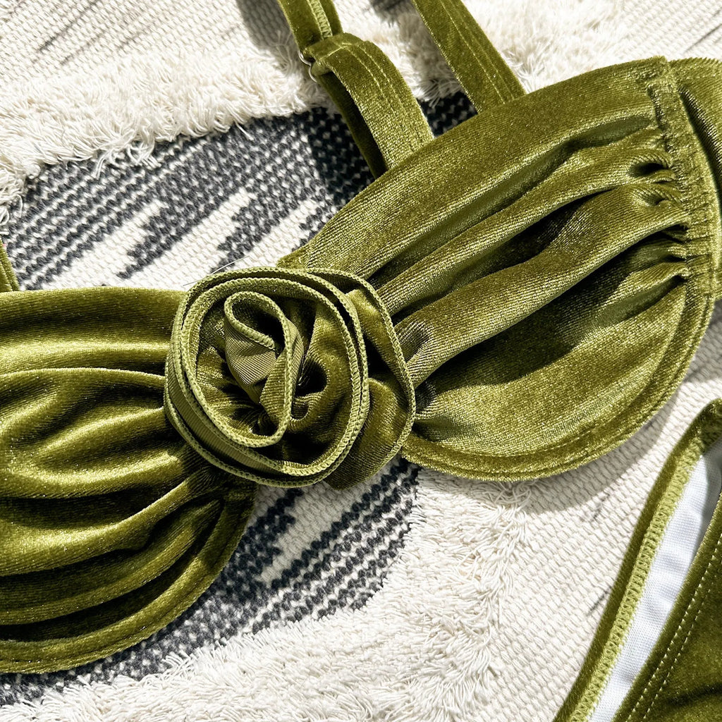 Women's A371 Green floral print swimsuit with high elasticity, shown in briefs style.