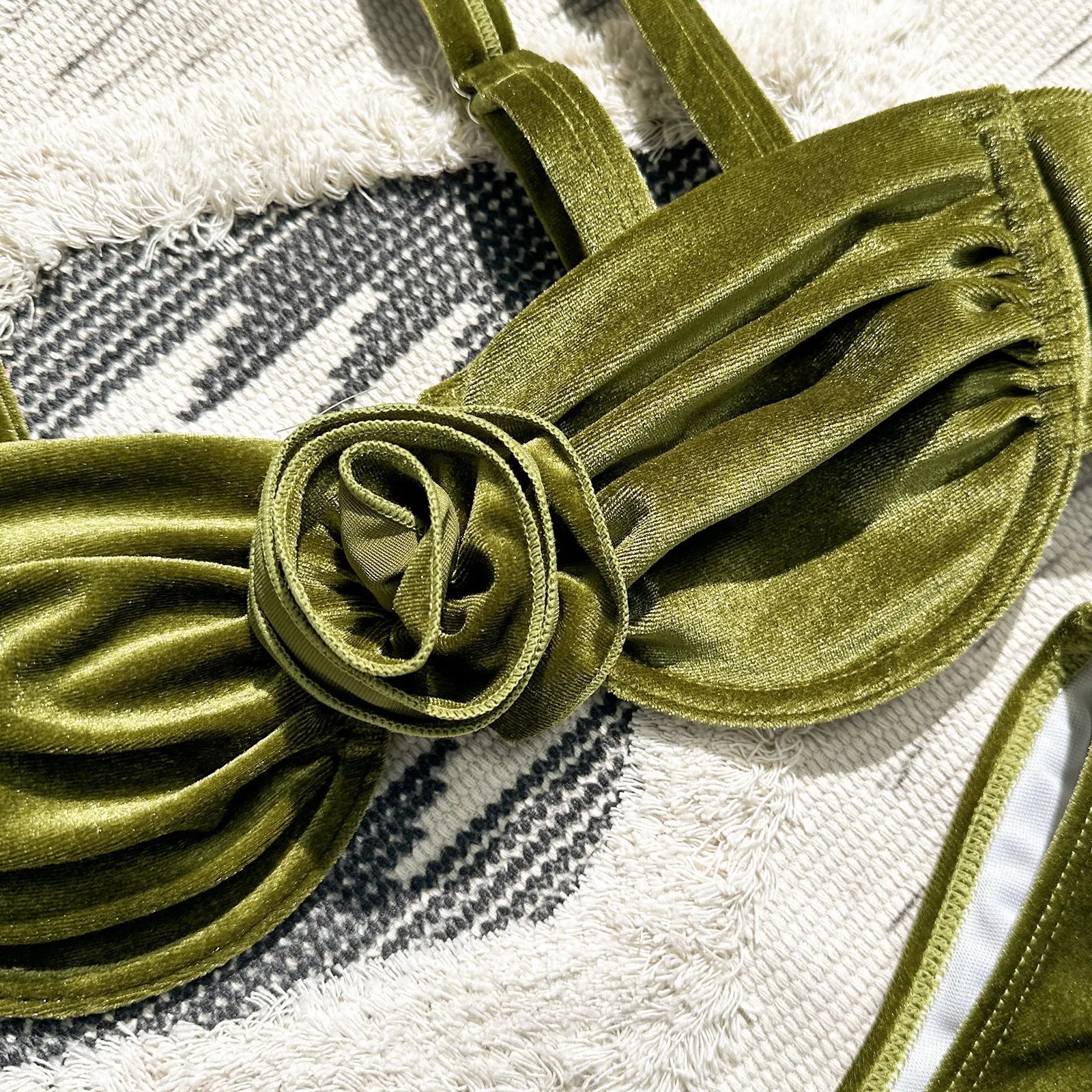 Women's A371 Green floral print swimsuit with high elasticity, shown in briefs style.