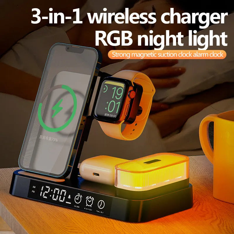 White 4-in-1 wireless charger station with foldable stand, alarm clock display, and RGB night light charging multiple devices