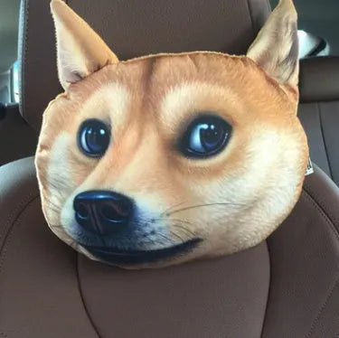 Handmade oblong car headrest pillow with printed cartoon cat design, polyester cotton cover, and PP cotton filling.