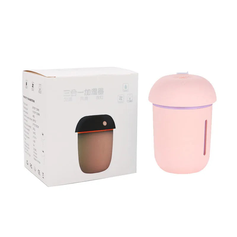 USB charging household air purifier with water replenishing fan, night light, and humidifier in mushroom design, shown in coffee, pink, black, and blue.