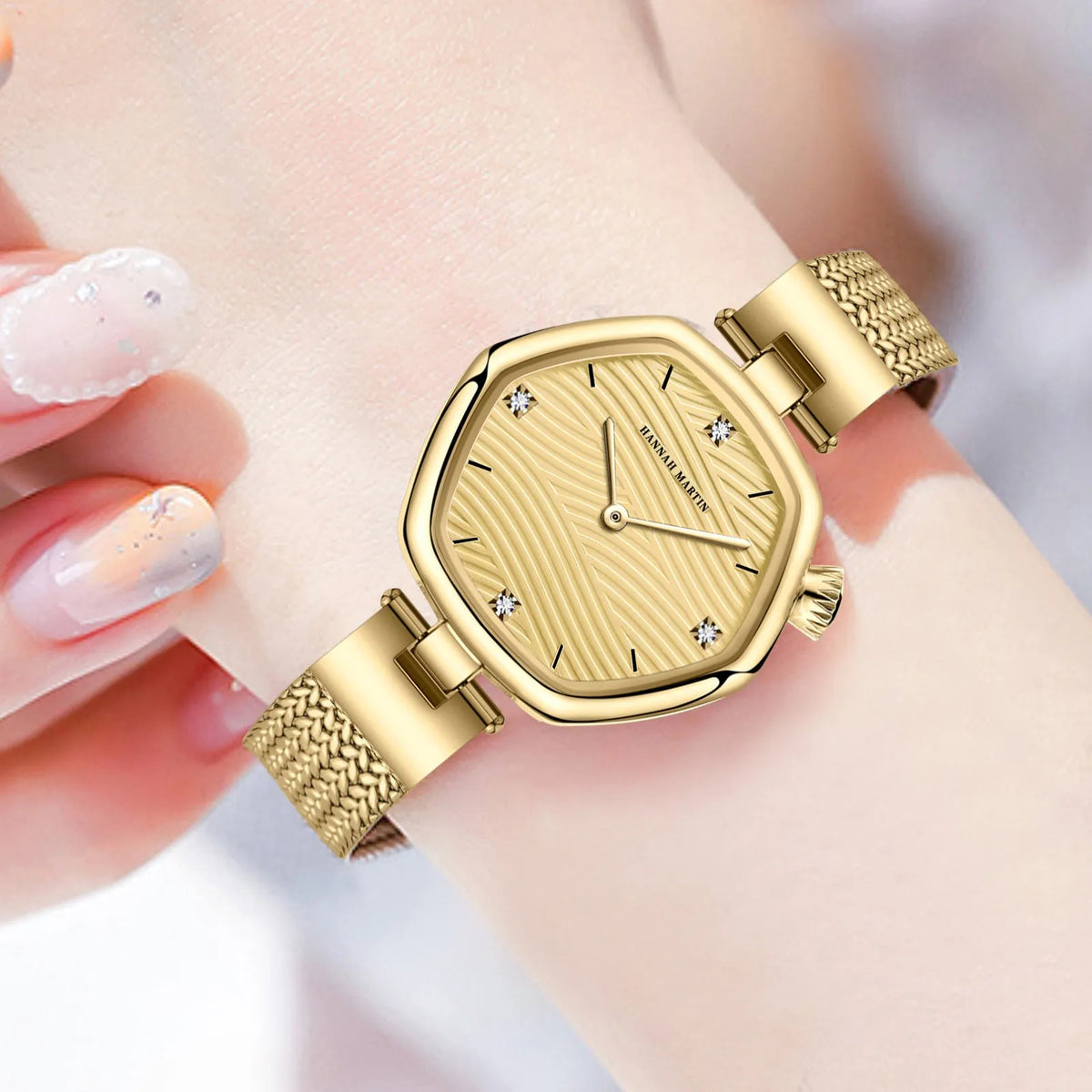 Women's hexagonal stainless steel watch, 30mm case, 7.2mm thick, 12mm strap, 220mm circumference, casual style.