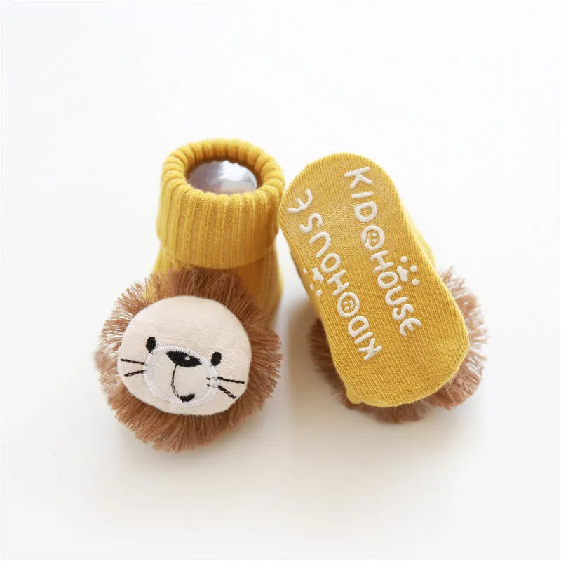 Baby floor socks in cotton with breathable fabric, showing size options XS S M and design variations including bows and animal prints