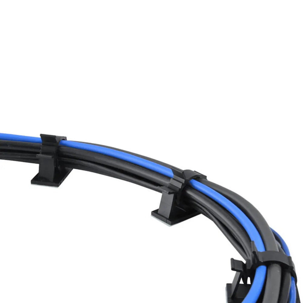 Ten black nylon adhesive cable clamps with two-stage lock for 13mm wires.