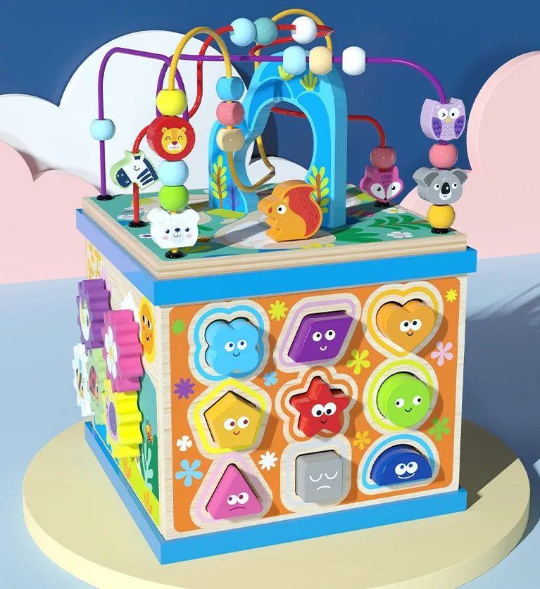 Blue wooden bead treasure box toy with multi-functional scenes for baby and toddler play