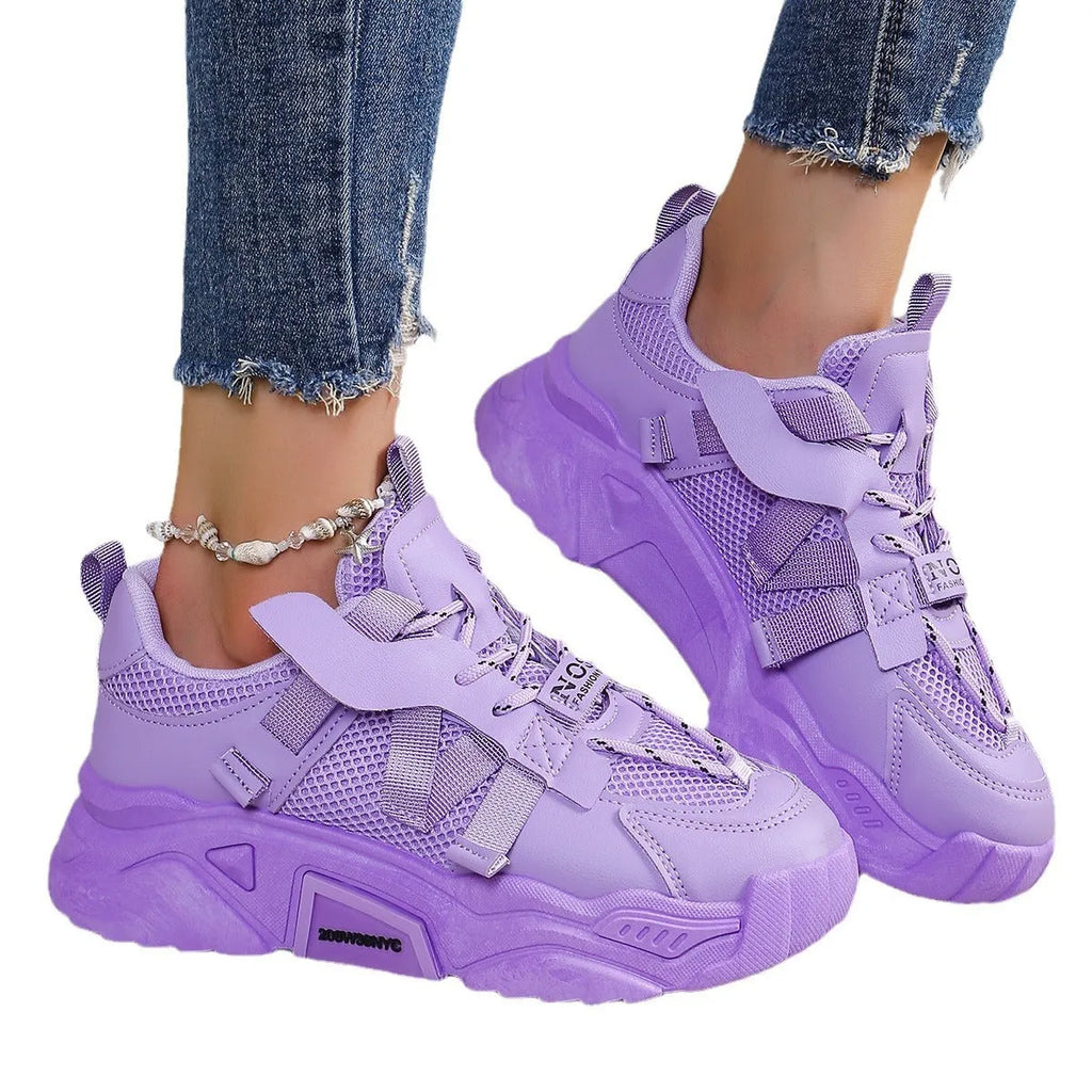 Women's platform mesh dad shoes with animal pattern, front lace-up design, available in purple, green, white, pink, yellow colours