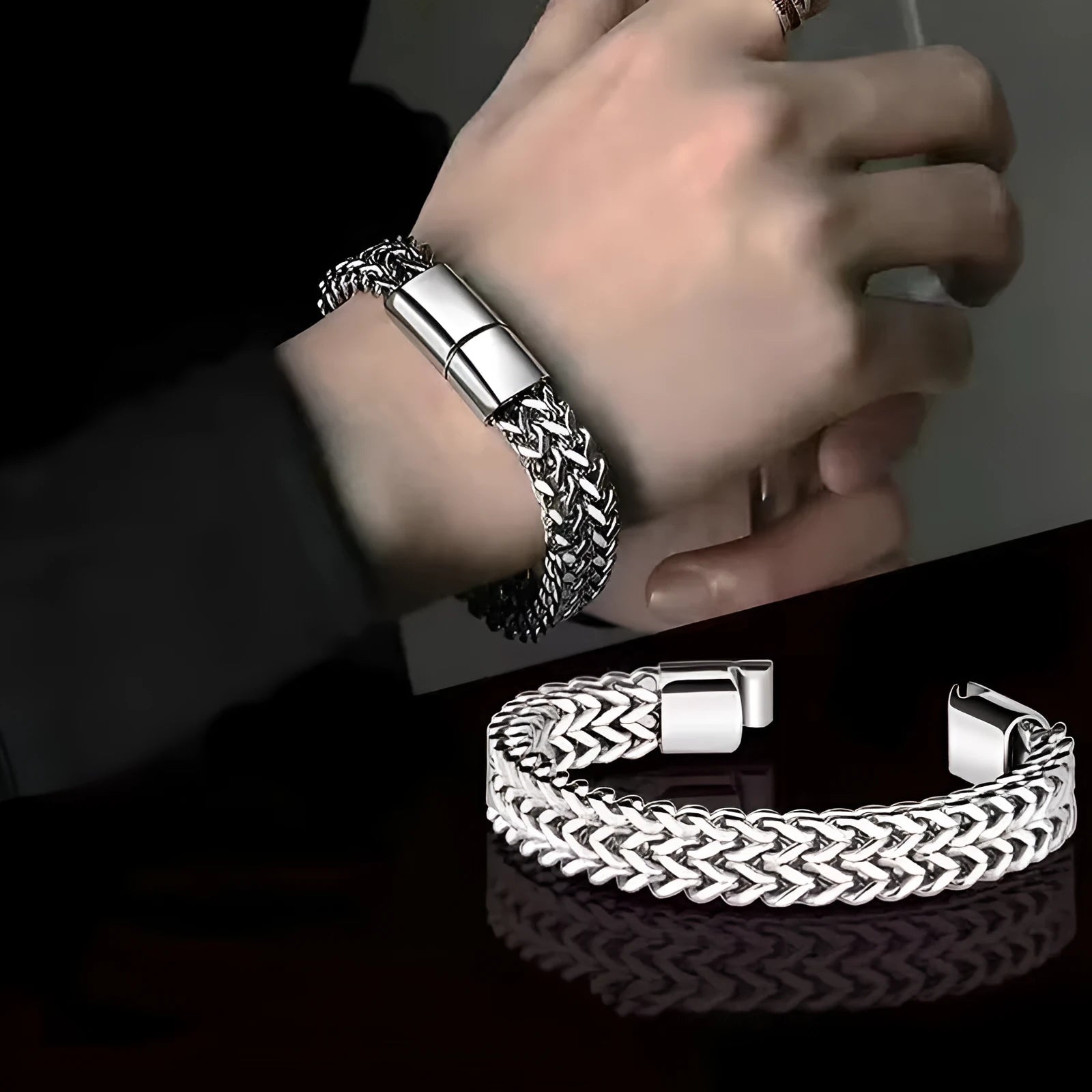 Silver titanium steel men's hip hop bracelet with geometric beads on a wrist.