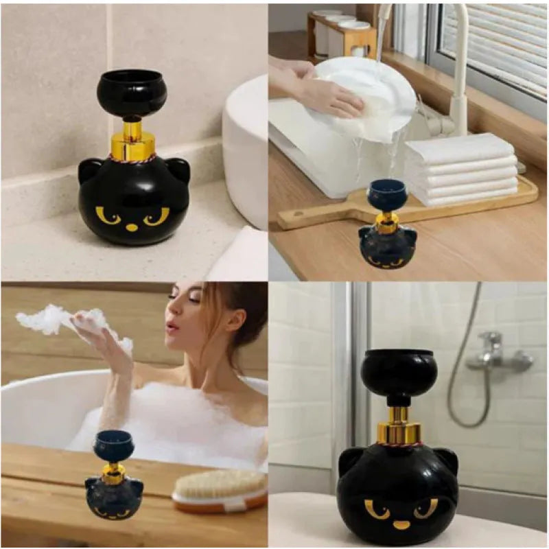 Black cartoon cat-shaped foam soap dispenser with decorative ornaments, dimensions 10x10x18cm