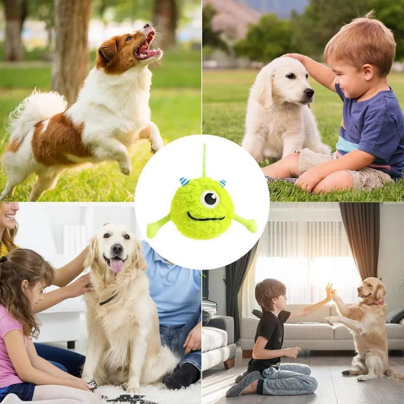 Green interactive dog ball toy with squeaker for teething and play, measuring 12 cm in diameter
