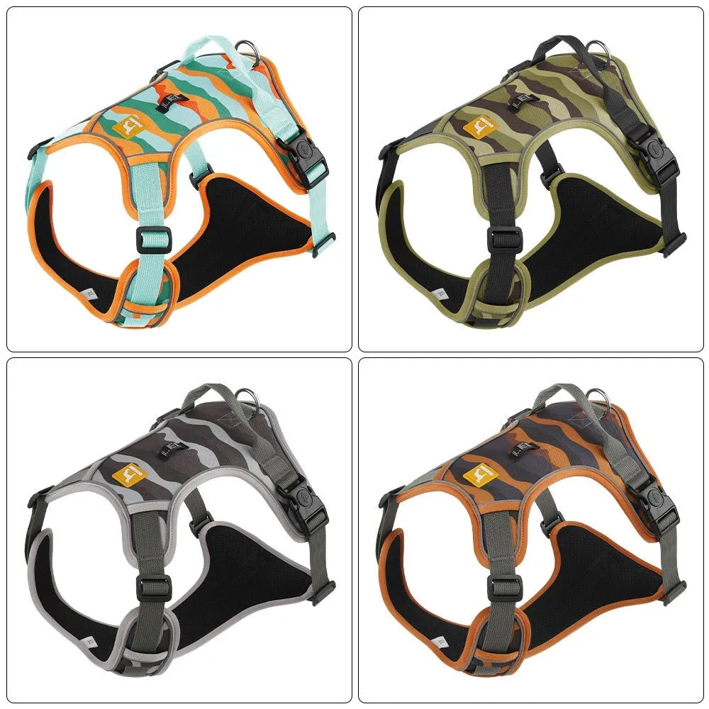 Adjustable dog harness with reflective strips on Oxford cloth, available in orange, army green, grey, and chocolate colours.