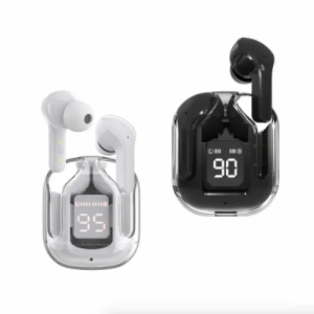 Transparent case true wireless Bluetooth earphones with digital display in five colour options