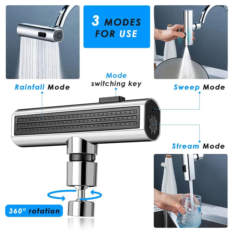 Black kitchen faucet nozzle extension with rotating joint and waterfall spray outlet