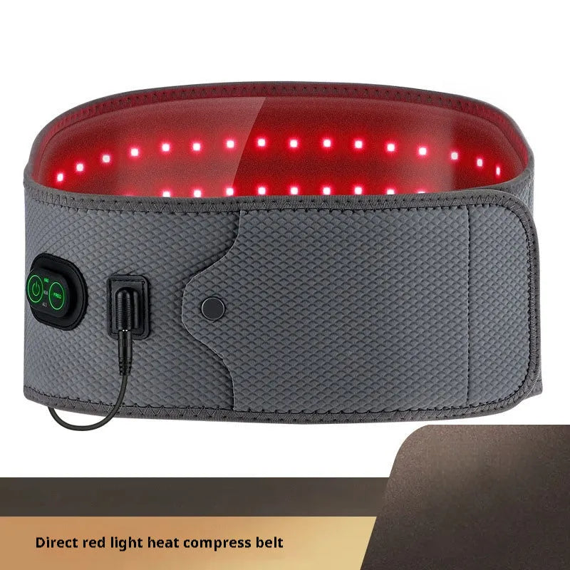 Grey neoprene electric waist belt with red light therapy beads for back pain relief