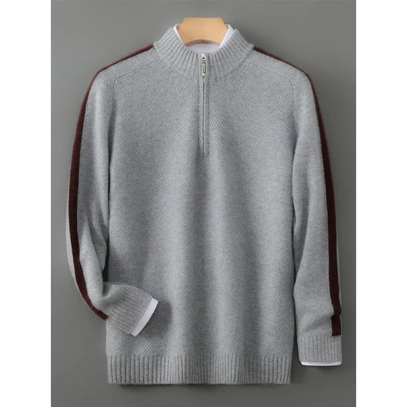 Sheep wool sweater with half-height zip and round neck in slim fit, showing standard wool yarn texture