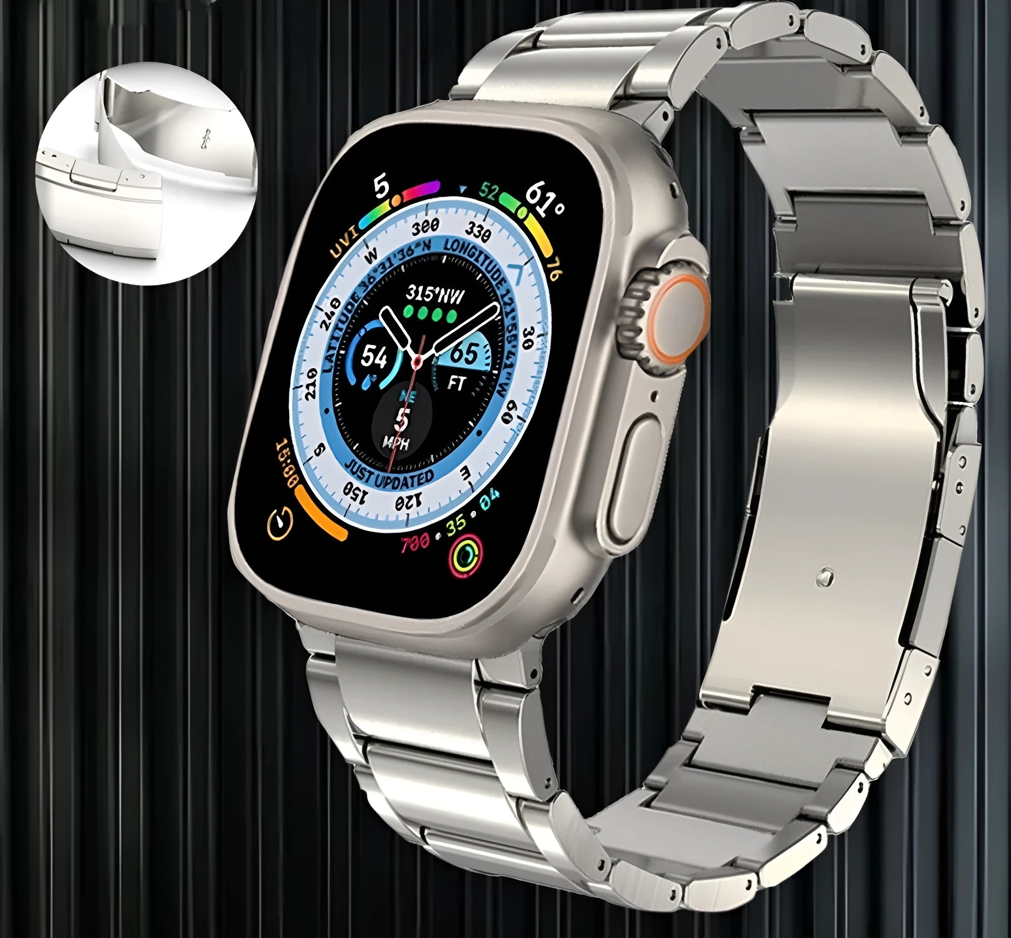 Black titanium alloy Apple Watch replacement strap with folding buckle on a wrist
