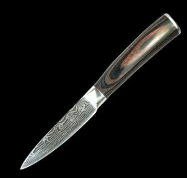 Santoku chef knife with laser Damascus pattern blade and coloured wood handle, blade length 7 inches.