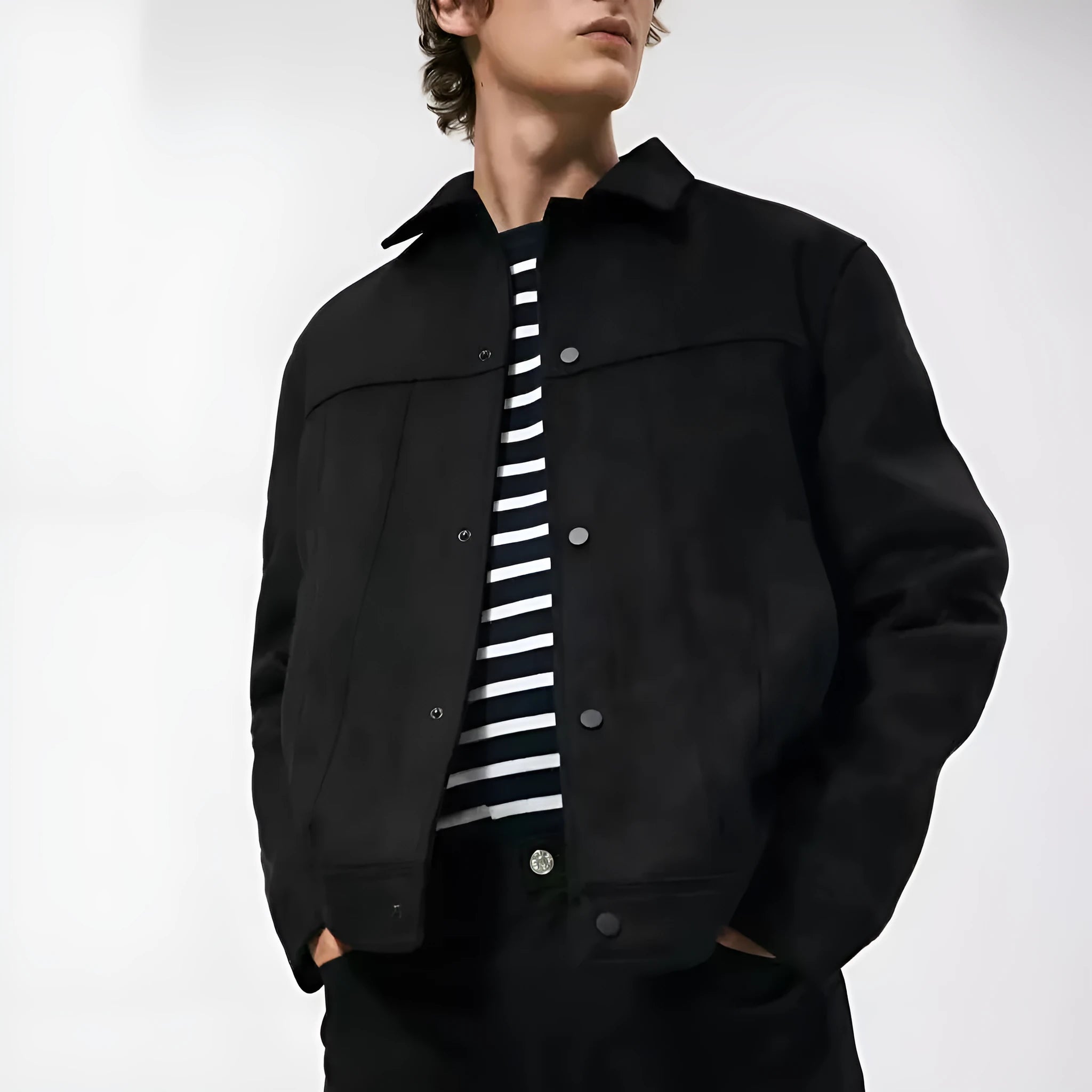 Men's black hooded jacket with suede collar, side pockets, and regular fit