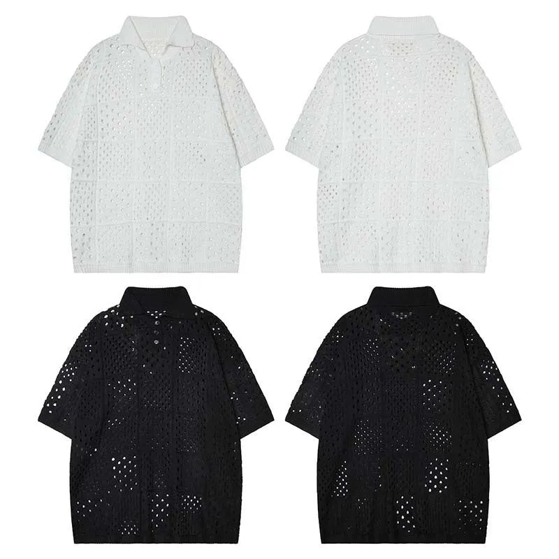 Black and white hollow knit polo shirt with short sleeves and loose cardigan fit