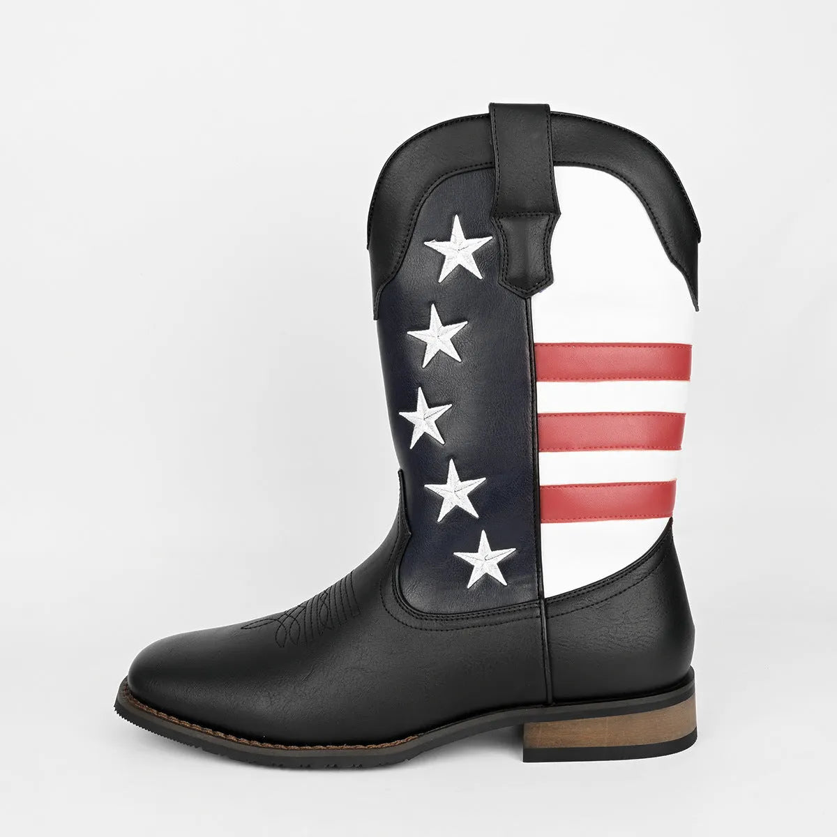 Men's black Western cowboy boots with five-pointed star design and low square heel