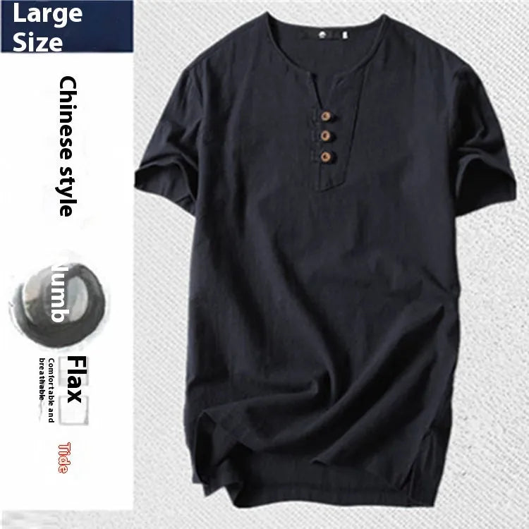 Man wearing a loose apricot coloured cotton linen blend t-shirt, showing the relaxed short sleeve pullover style.