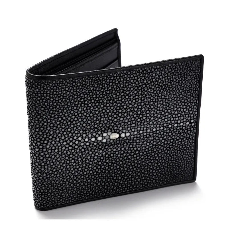 Genuine leather pearl fishskin texture wallet with horizontal square design and sewing thread detailing