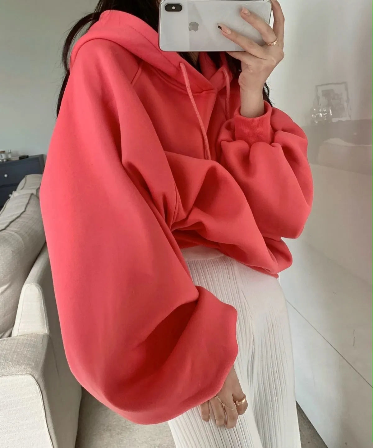 Women's mulberry silk hooded sweater in watermelon red, sleeveless design with hood, loose fit