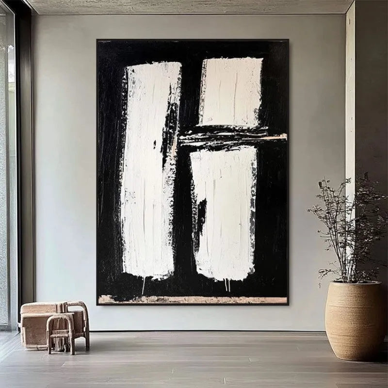 Black and white hand-painted abstract oil painting on rolled frameless canvas for home wall decor