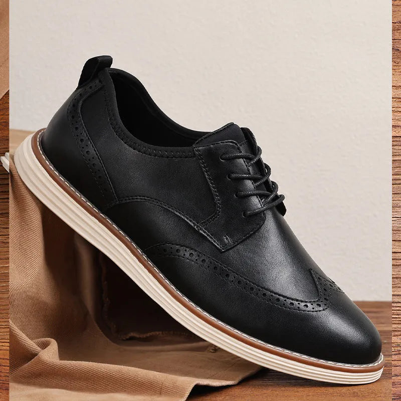 Men's black slip-on business casual shoes with round toe and low-top PU upper.