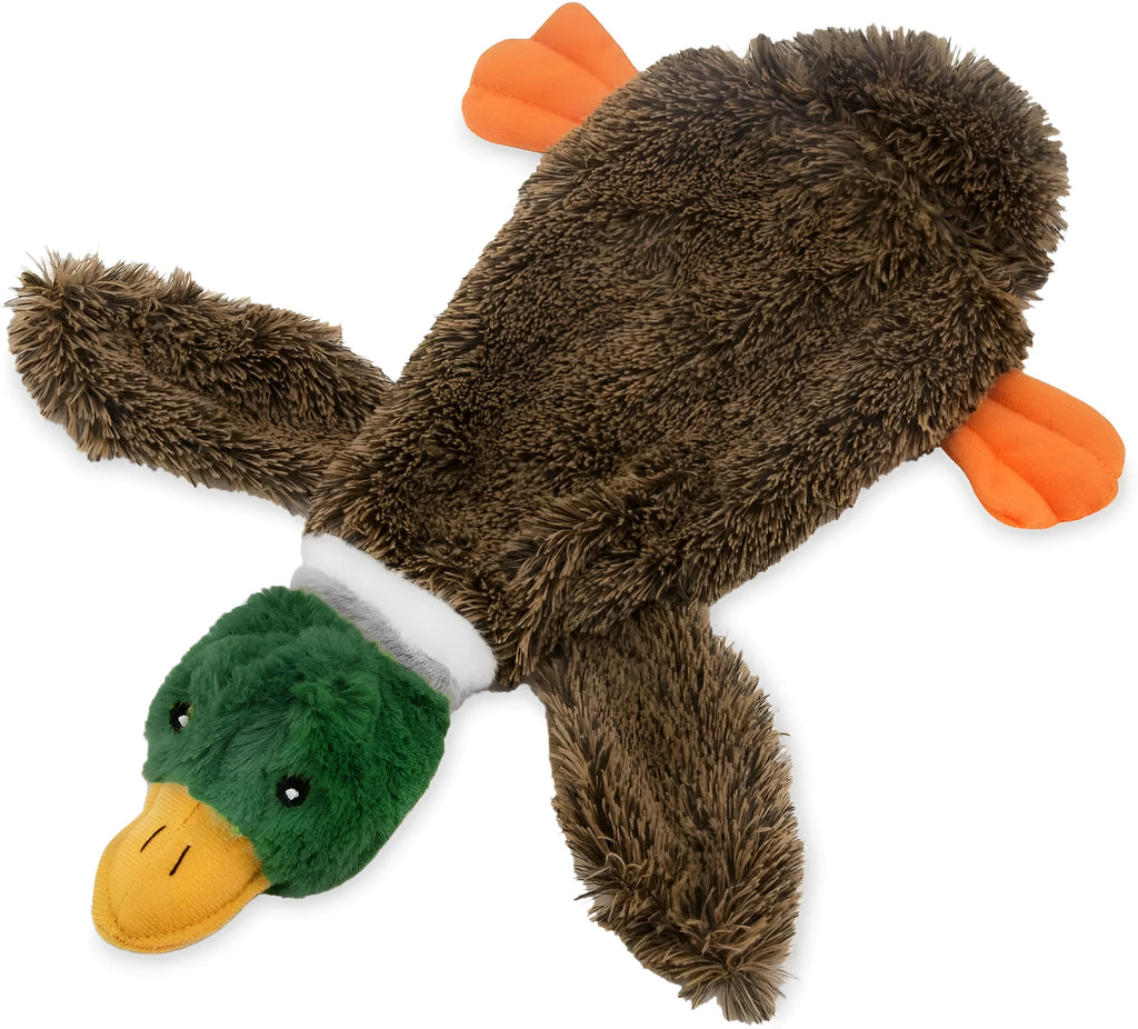Green Wild Duck stuffless squeaky dog toy with no stuffing, showing self-fastening opening for plastic bottle.