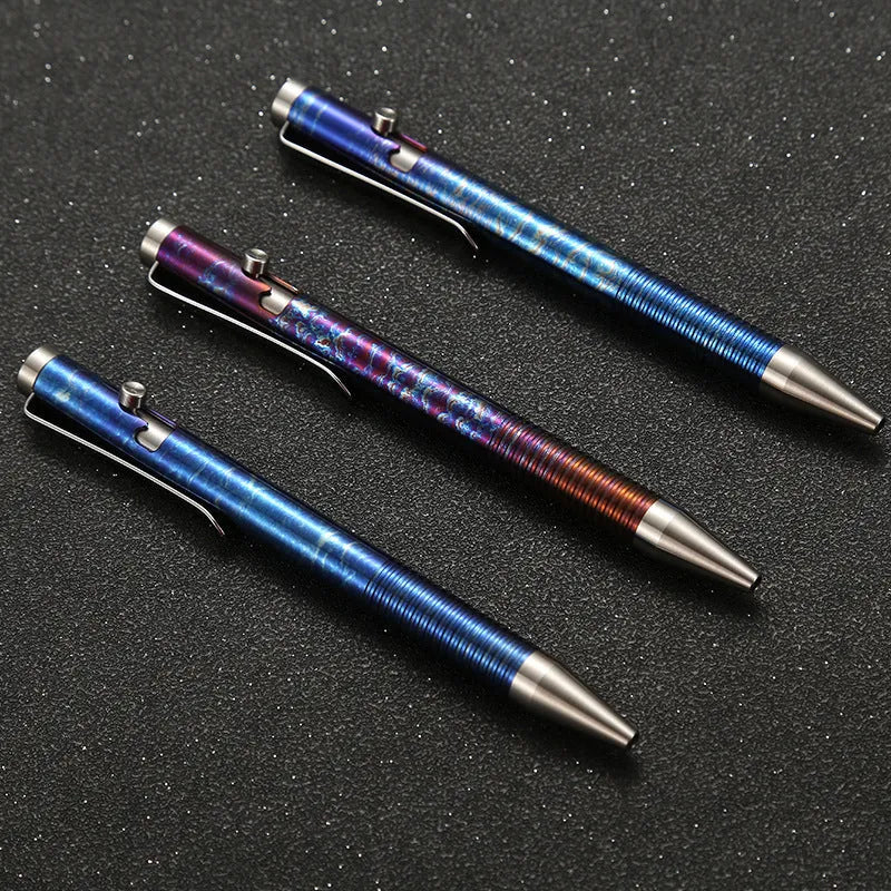 Titanium alloy bolt action pen with a colourful phantom finish and a gun-style bolt handle.